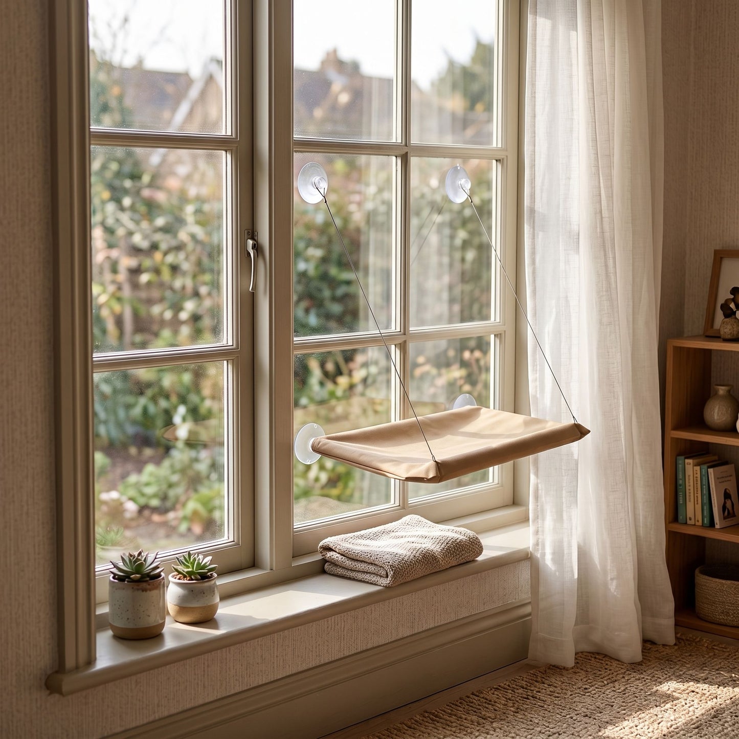 Realistic indoor scene showing a plush hanging cat hammock installed in a home with sunlight highlighting its comfort and size.