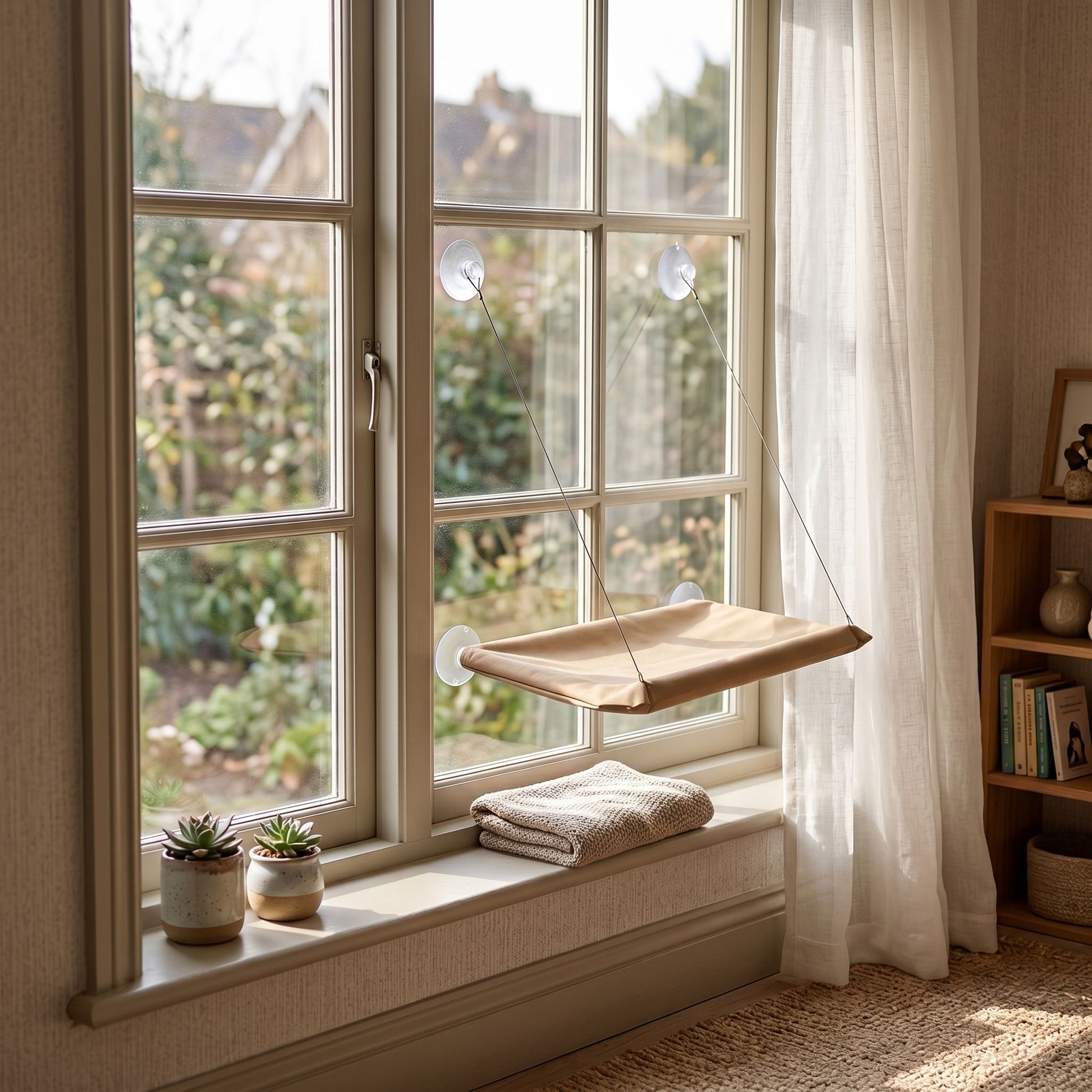 Realistic indoor scene showing a plush hanging cat hammock installed in a home with sunlight highlighting its comfort and size.