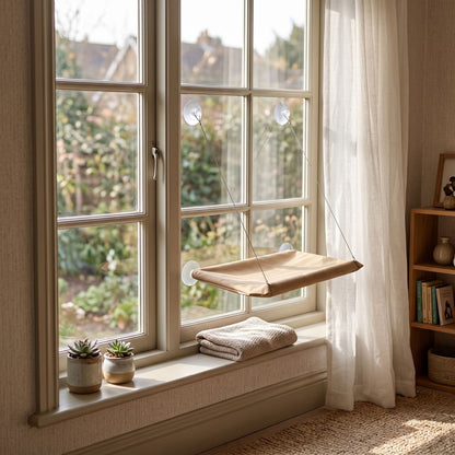 Realistic indoor scene showing a plush hanging cat hammock installed in a home with sunlight highlighting its comfort and size.