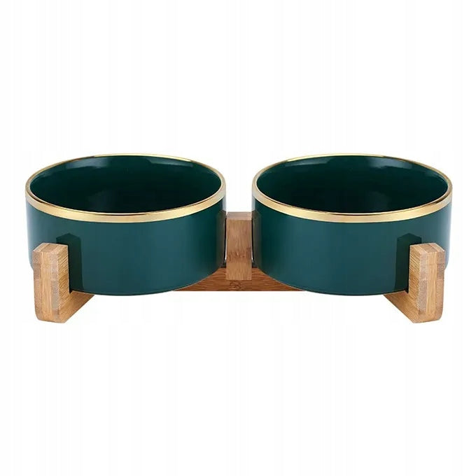 PAGMIL Podwójna miska ceramiczna dla psa i kota 2 x 400 ml na drewnianym stojaku – zielona
