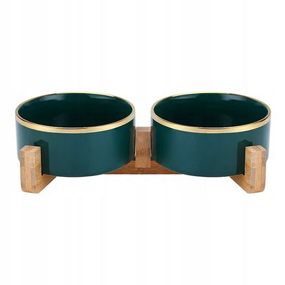 PAGMIL Podwójna miska ceramiczna dla psa i kota 2 x 400 ml na drewnianym stojaku – zielona