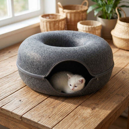 Close-up of felt donut cat bed with vent opening on wooden surface, highlighting cozy fiber texture and micro-details.
