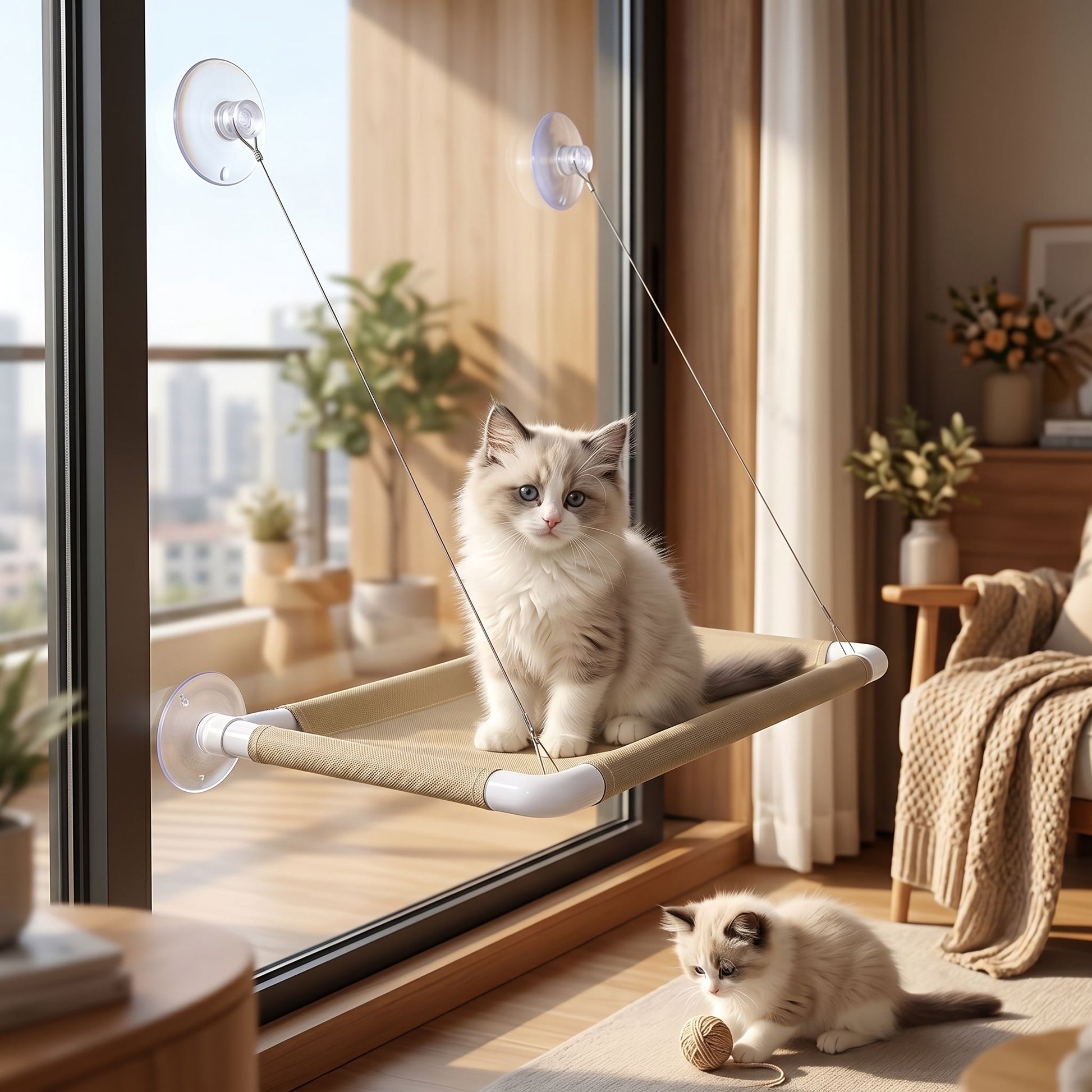 Full view of a small foldable plush hanging cat bed hanging from a window frame in a warm, cozy living space.