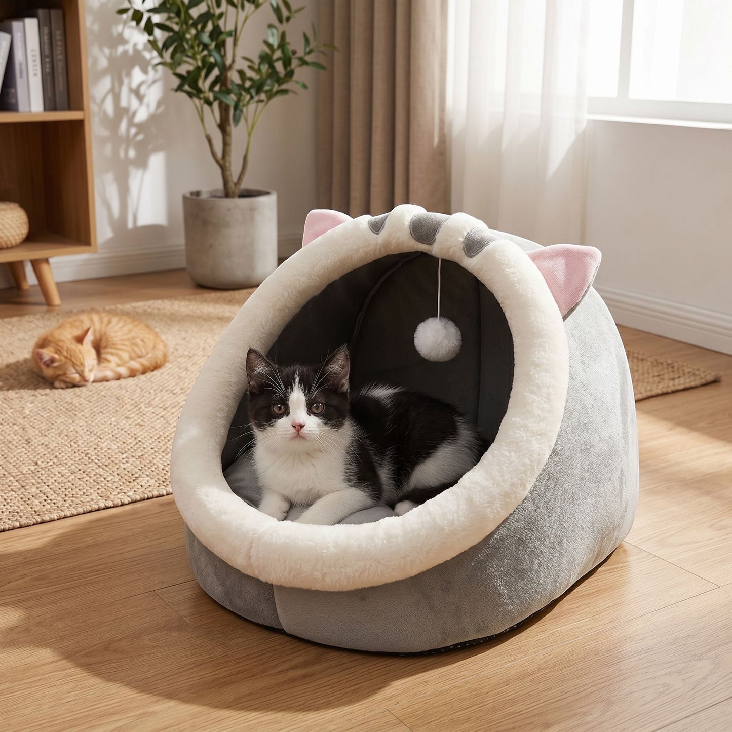 Full-body view of a small cotton pet bed in a cozy living room corner, demonstrating its foldable design and portability.