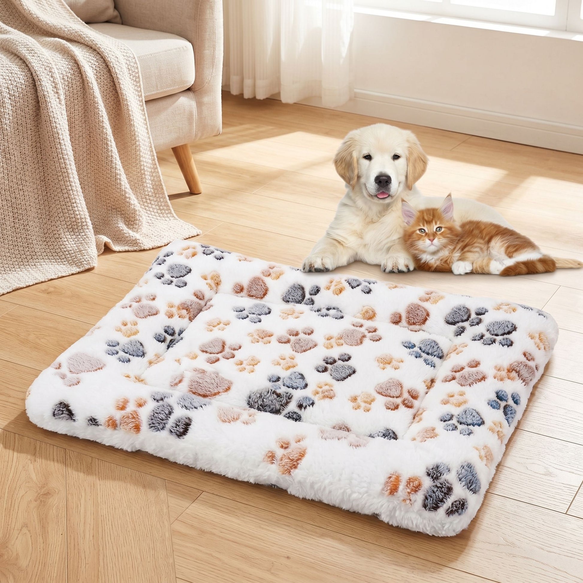Full-body view of the rectangular plush pet bed placed on a wooden floor in a warm, home environment showing its size and inviting comfort.