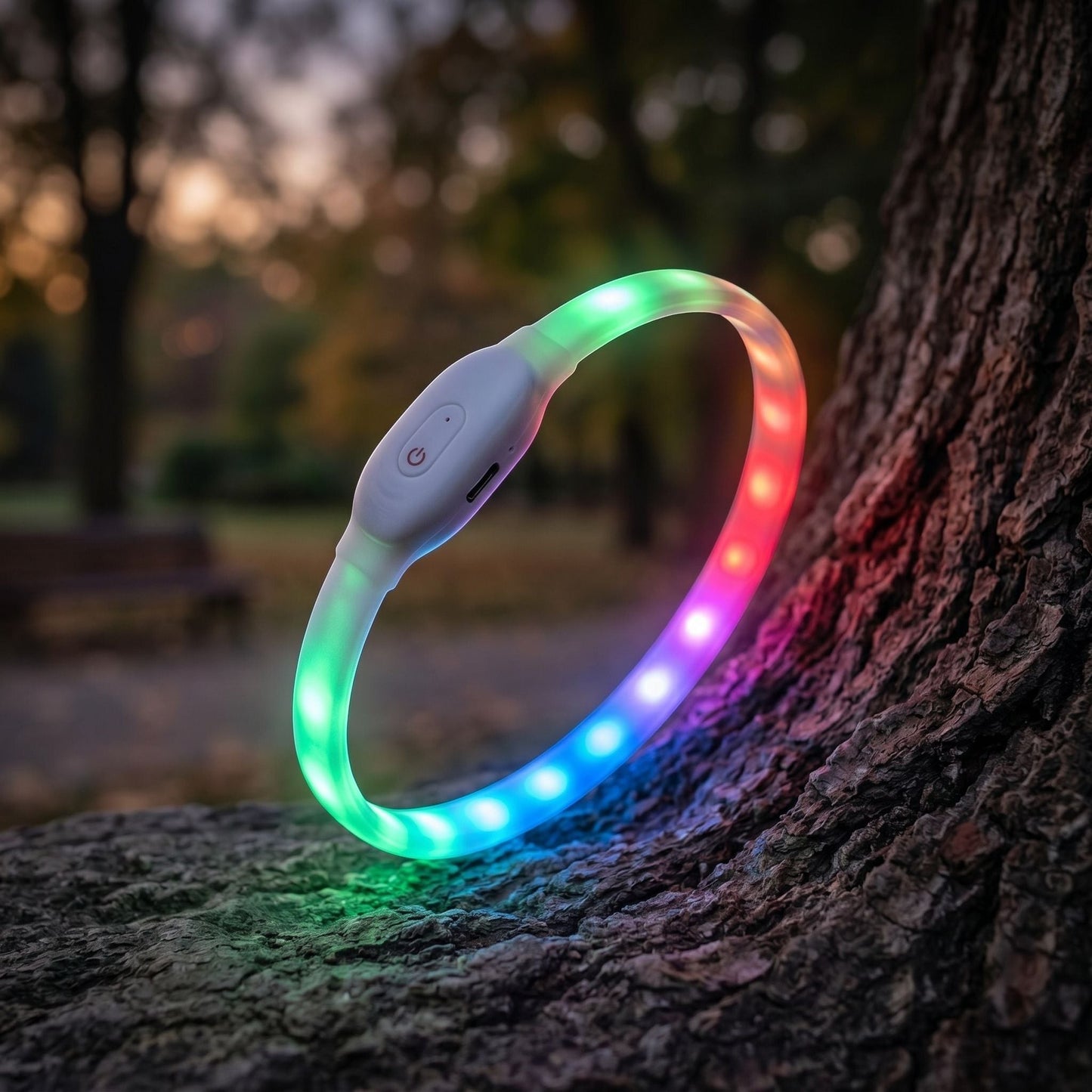 Close-up of a glowing silicone LED dog collar in a dusk outdoor scene, highlighting the collar's texture and illumination.