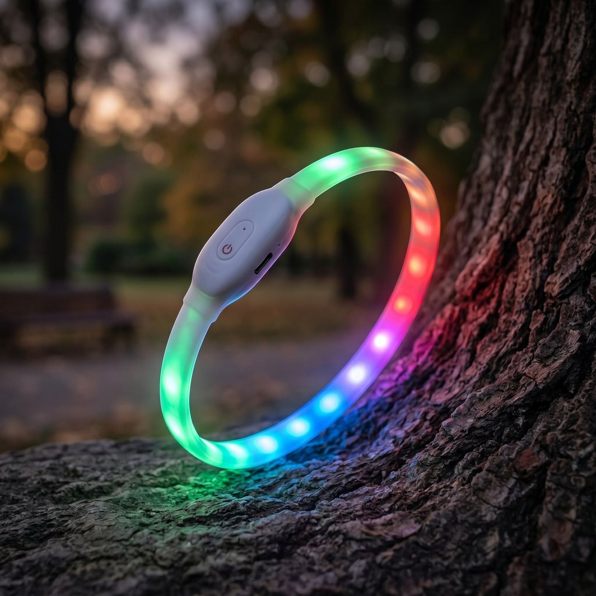 Close-up of a glowing silicone LED dog collar in a dusk outdoor scene, highlighting the collar's texture and illumination.