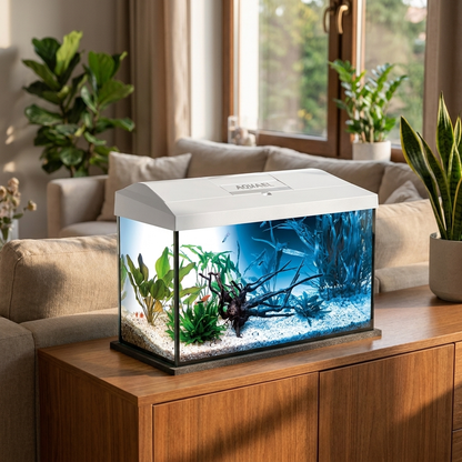 Akwarium 54 l 60x30x30 cm z pokrywą LED dzień/noc – zestaw z matą i tłem, białe