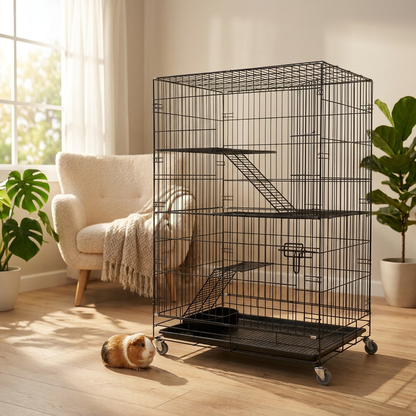 Perfectlife Klatka dla gryzoni trzypiętrowa 60x40x100 cm z wysuwaną tacą i kółkami – czarna
