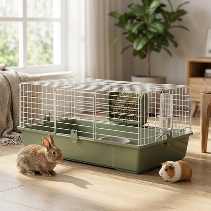 AquosPlast Klatka dla królika i świnki morskiej 80x46x36 cm z kuwetą 15 cm i wyposażeniem – oliwkowa