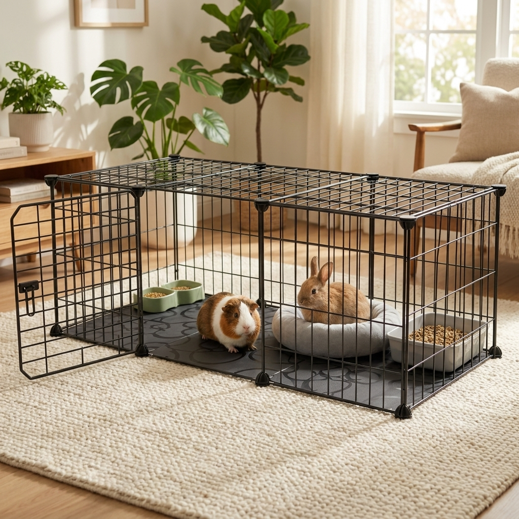 Kojec dla królika i świnki morskiej z matą podłogową 107 × 37 × 37 cm, modułowy – czarny