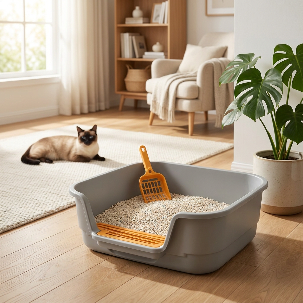 Kuweta dla kota otwarta 42 × 30 × 12 cm z łopatką i niskim wejściem – szara