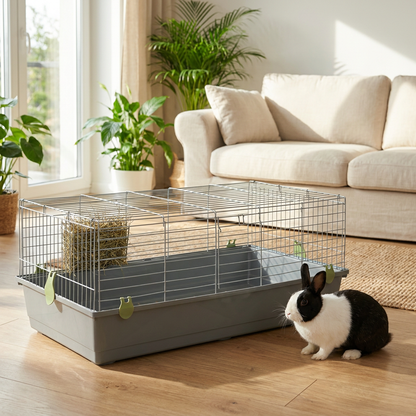Voltrega Duża klatka dla królika 118 x 58 x 40 cm z paśnikiem, 2 wejścia – szaro-zielona