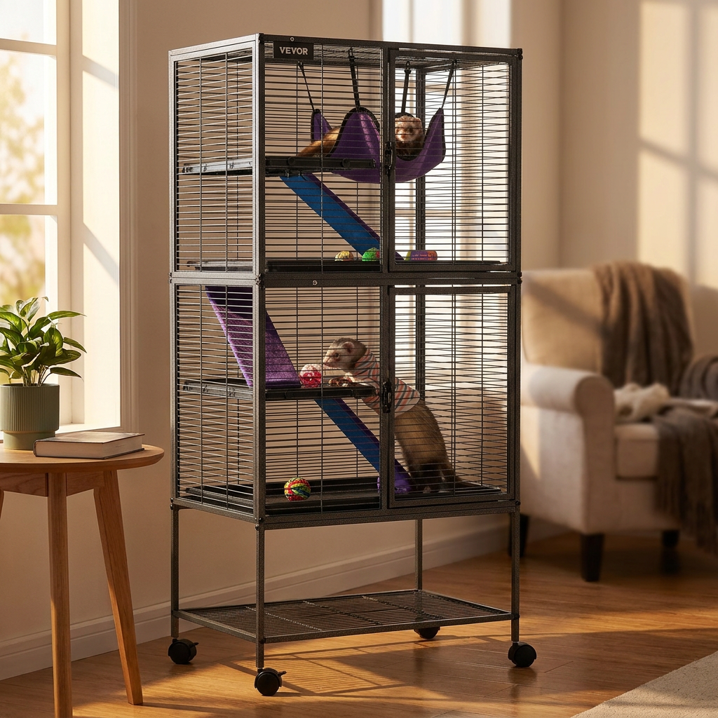 Vevor Klatka dla fretki i szynszyli 61x44x138 cm na kółkach, z rampą – czarna