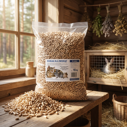 Pellet drewniany 15 kg 40 l – bezpyłowa ściółka dla gryzoni, królików i kotów, leśny