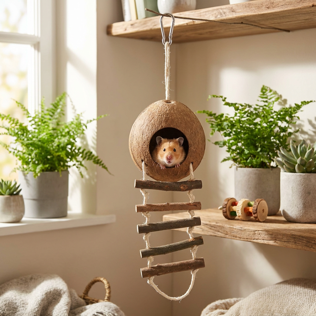 Trixie Domek z kokosu dla gryzoni i ptaków z drabinką, wiszący, 13 cm – naturalny