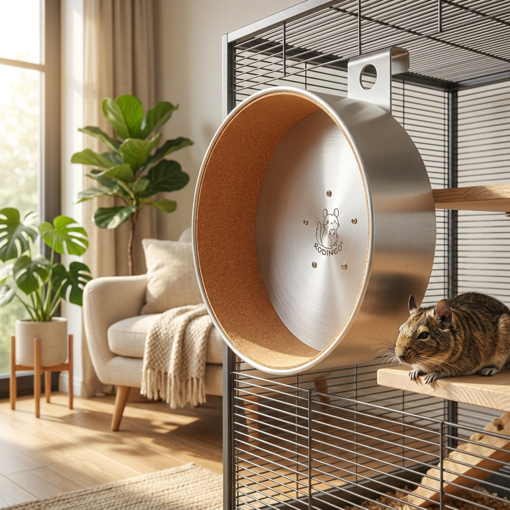 Kołowrotek dla koszatniczki 30 cm z aluminium, cichy, wiszący – bieżnia z matą korkową