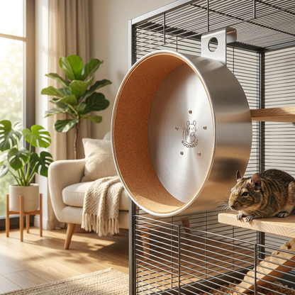 Kołowrotek dla koszatniczki 30 cm z aluminium, cichy, wiszący – bieżnia z matą korkową