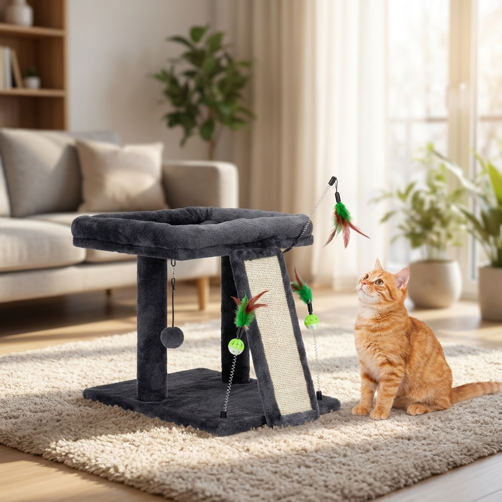 Springos Drapak dla kota z legowiskiem 44 cm, 2 poziomy, słupki z sizalu – szary
