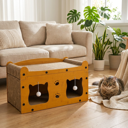 Drapak dla kota z domkiem 2w1 kartonowy 56 x 30 x 30 cm, legowisko z piłeczkami – brązowy