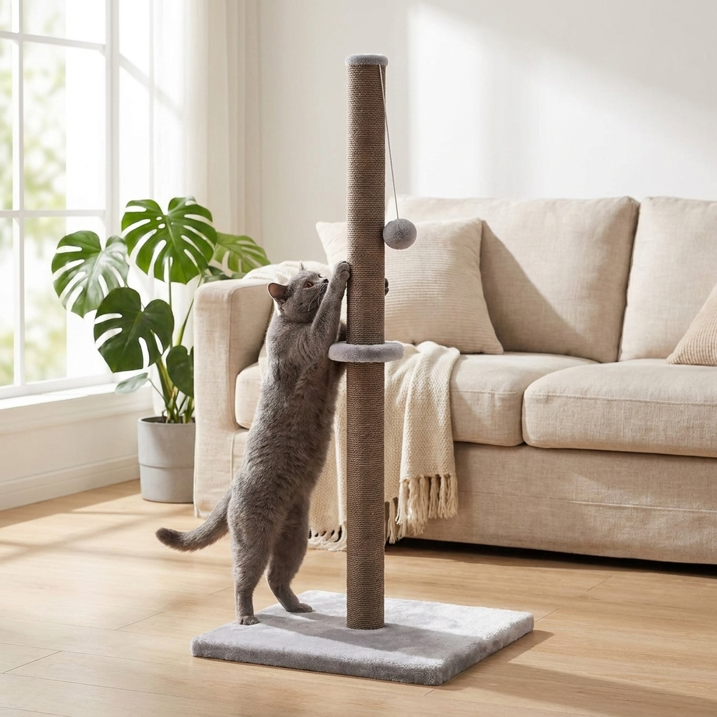 Springos Drapak dla kota słupek 103,5 cm z sizalem, podstawą 50 x 50 cm i zabawką – brązowo-szary