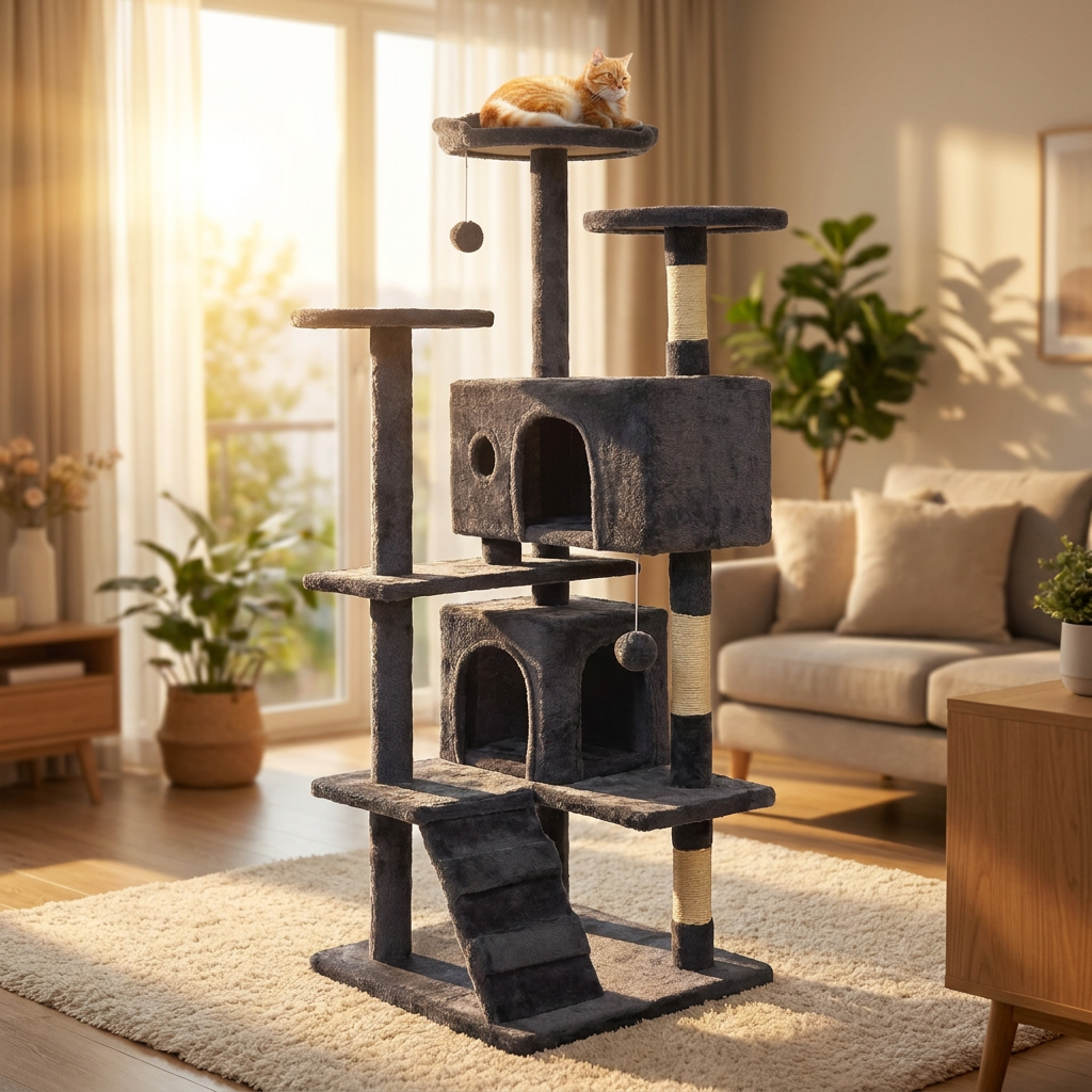 Mersjo Castle Prestige drapak dla kota 138 cm z sizalem, 2 domkami i legowiskiem – czarny