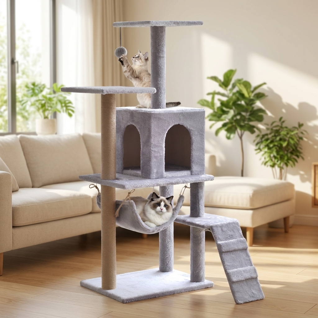Drapak dla kota wysoki 138 cm z domkiem, legowiskiem i drabinką, 5 poziomów – szary