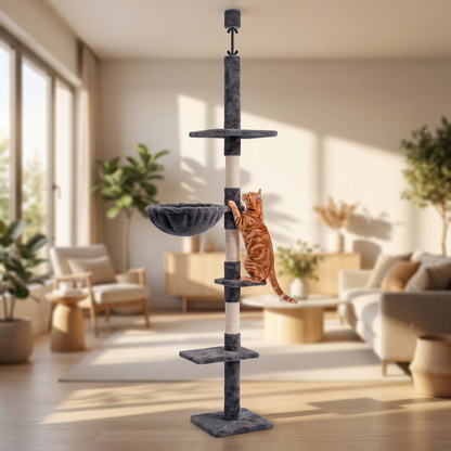Springos Drapak sufitowy dla kota 245-260 cm z sizalem, 5 poziomów – ciemnoszary/beżowy