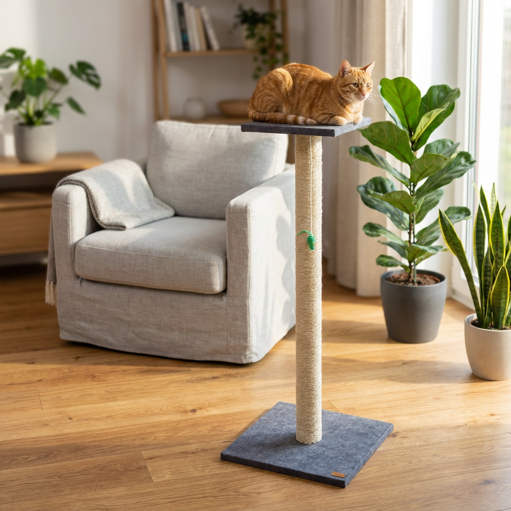 WonderCraft Drapak dla kota wysoki 104 cm z platformą, słupek z litego drewna i sizalu – szary