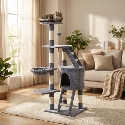 FUNFIT Drapak dla kota 120 cm z domkiem i legowiskiem – wieża z sizalu, 5 poziomów, szary