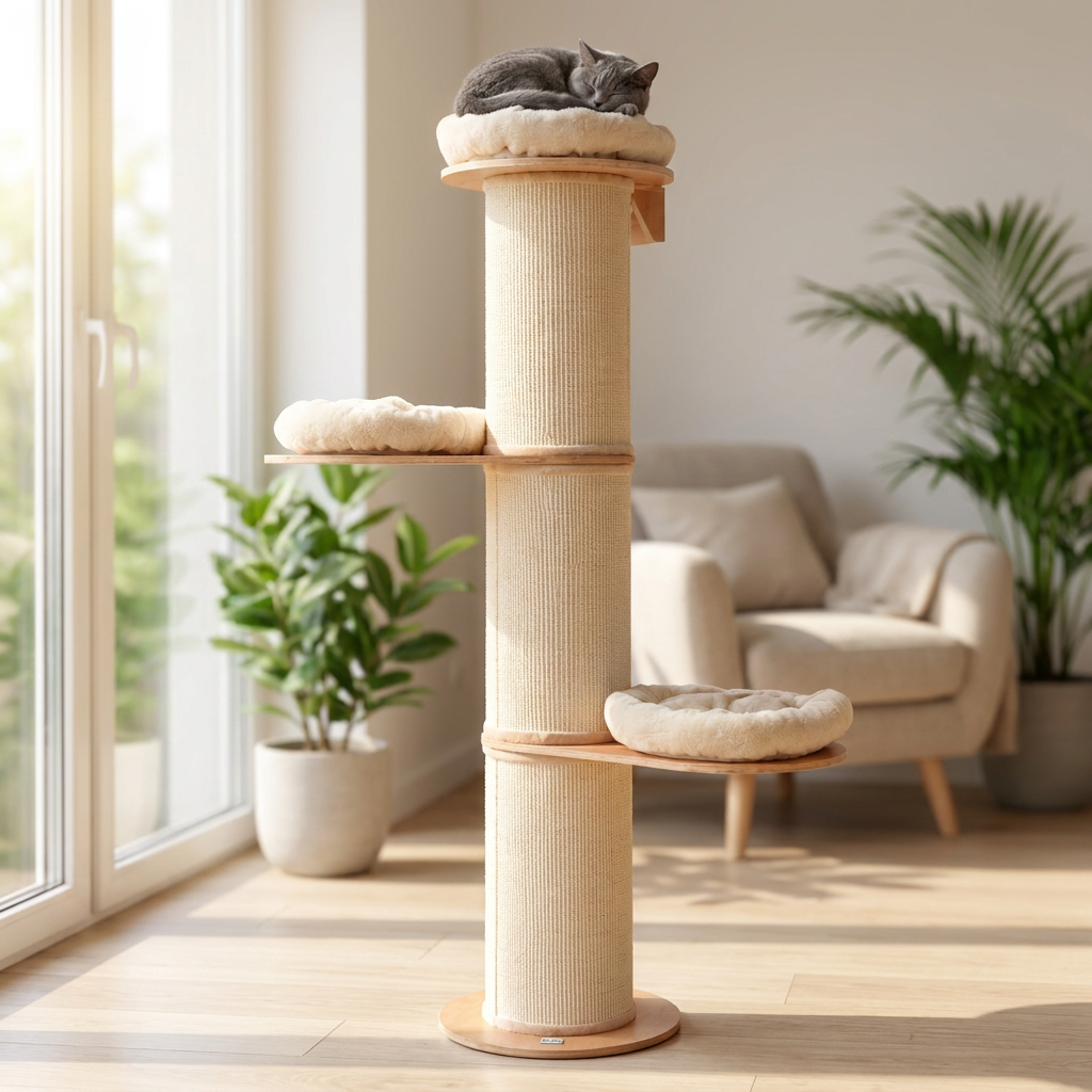Oh!MyCat Drapak dla kota wysoki 182 cm z pniem Ø30 cm i 3 legowiskami – beżowy