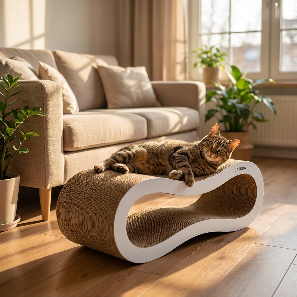 Drapak dla kota kartonowy fala 65 × 24 × 21 cm z tektury falistej – leżak, biały