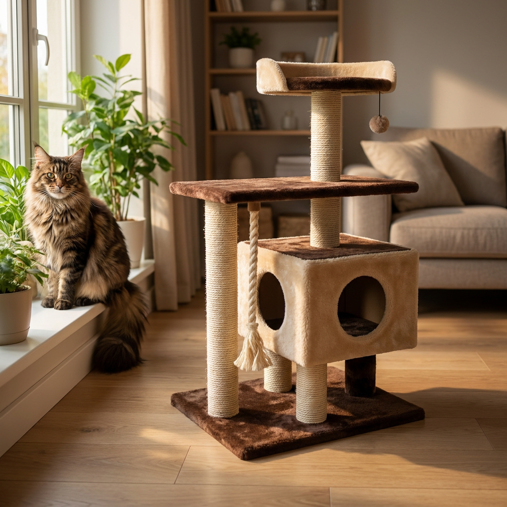Dep-Mal Drapak dla kota 110 cm z budką dla dużych kotów Maine Coon, nr 017B – beżowy