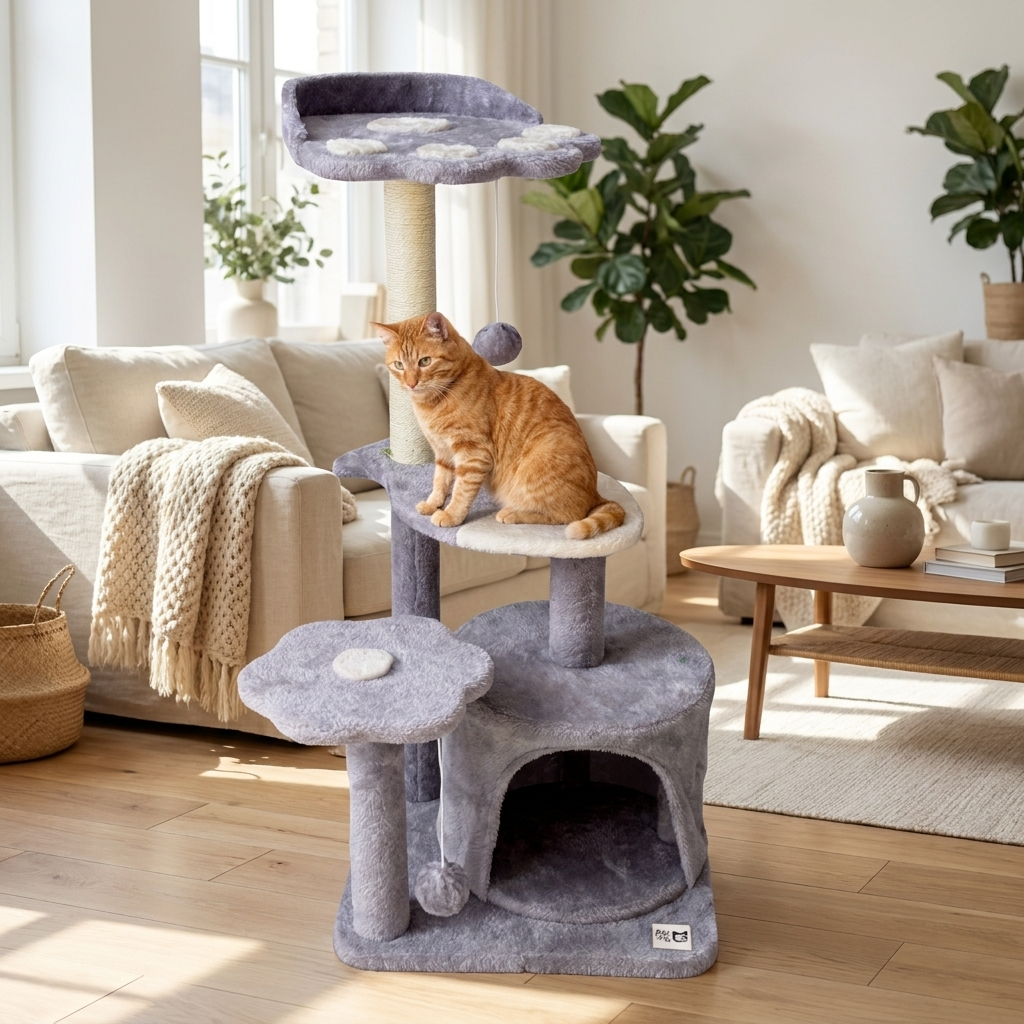 Oh!MyCat Drapak dla kota 87 cm – wieża z budką, legowiskiem i słupkami z sizalu