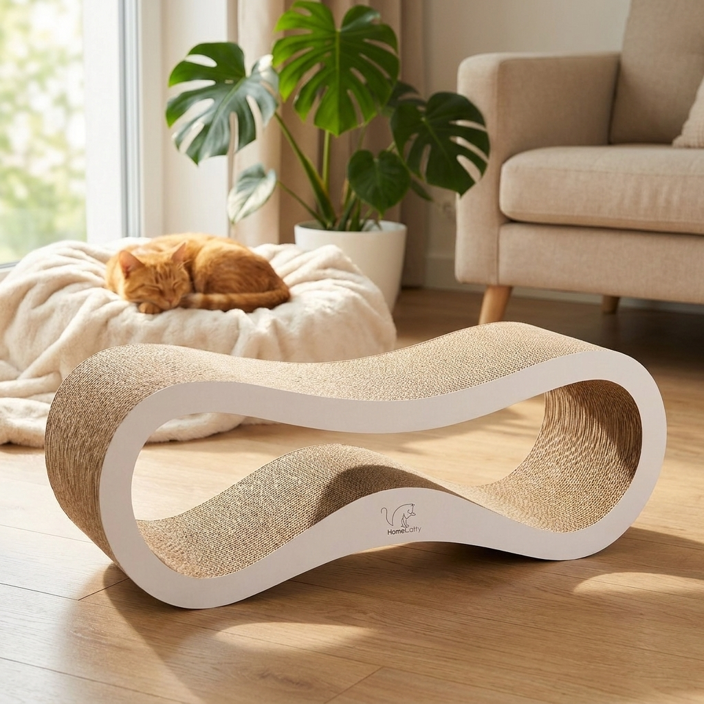 HomeCatty Drapak dla kota kartonowy 75x26x25 cm z legowiskiem, dwustronny Infinity – biały