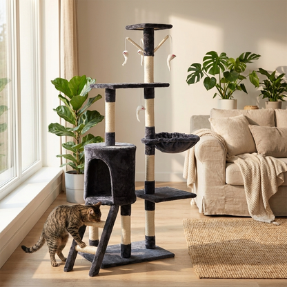 Aga Drapak dla kota 136 cm z domkiem, 4 legowiskami i sizalem – ciemnoszary