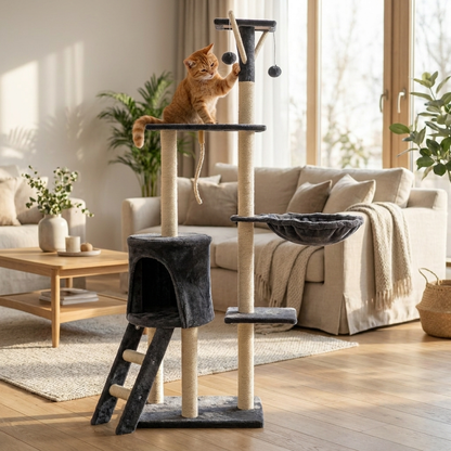 Oh!MyCat Drapak dla kota wysoki 138 cm z domkiem, legowiskiem i sizalem – szary