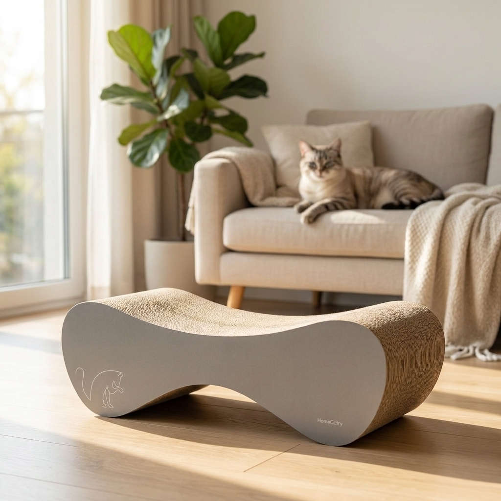 HomeCatty Balance drapak kartonowy dla kota 71x21x25 cm, dwustronny z legowiskiem – szary