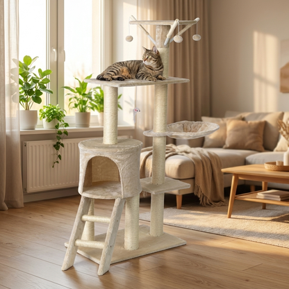 Miximi Drapak dla kota wysoki 138 cm, 5 poziomów, z domkiem i sizalem – beżowy