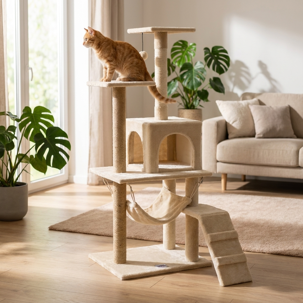 Oh!MyCat Drapak dla kota 125 cm wysoki z budką, hamakiem i schodkami, sizal – beżowy