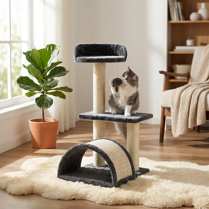 Petify Drapak dla kota 68 cm, 3 poziomy z budką, legowiskiem i słupkami z sizalu – szary
