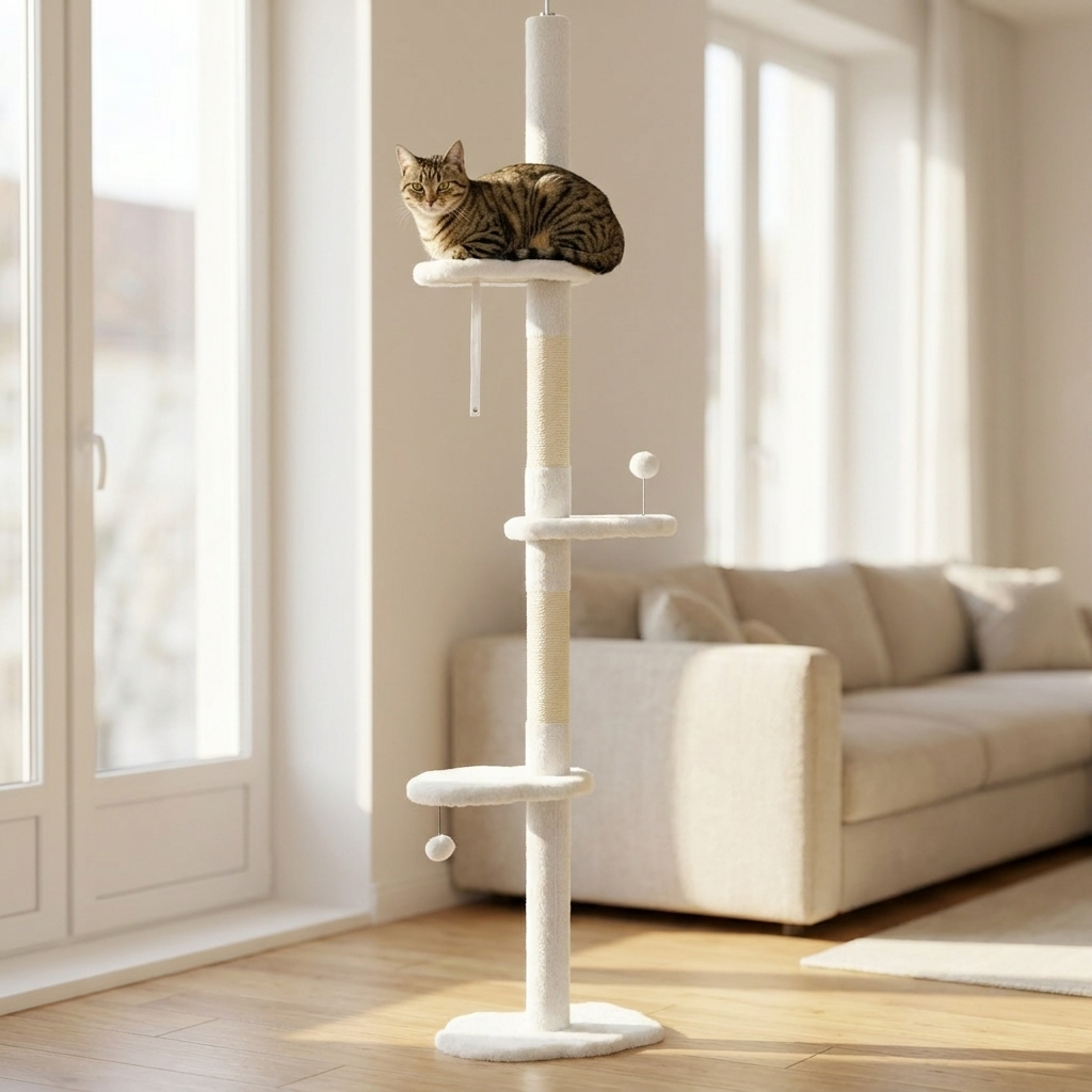 PawHut Drapak sufitowy dla kota 225-255 cm z regulacją, 3 poziomy, plusz – biały