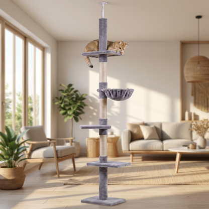 PawHut Drapak sufitowy dla kota 230-260 cm, 5 poziomów, sizal i plusz – szary