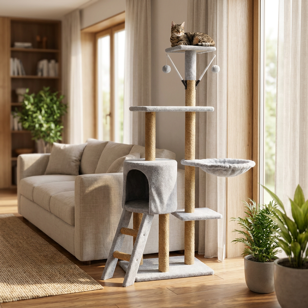 Petify Drapak dla kota wysoki 136 cm z domkiem i legowiskiem, 5 poziomów, sizal – szary