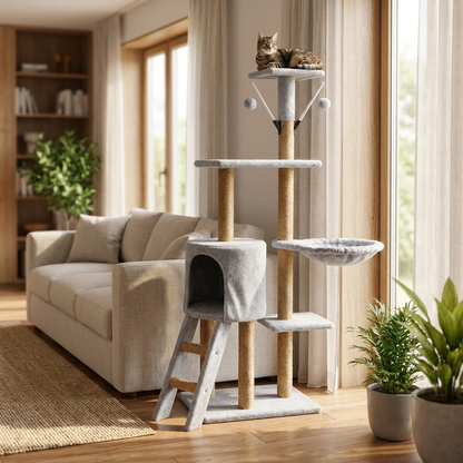 Petify Drapak dla kota wysoki 136 cm z domkiem i legowiskiem, 5 poziomów, sizal – szary