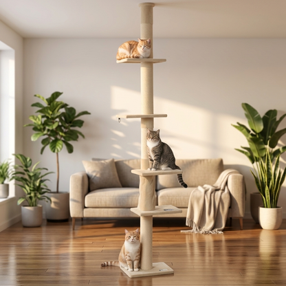 PawHut Drapak sufitowy dla kota 225-275 cm, 5 poziomów, sizal, regulowany – beżowy