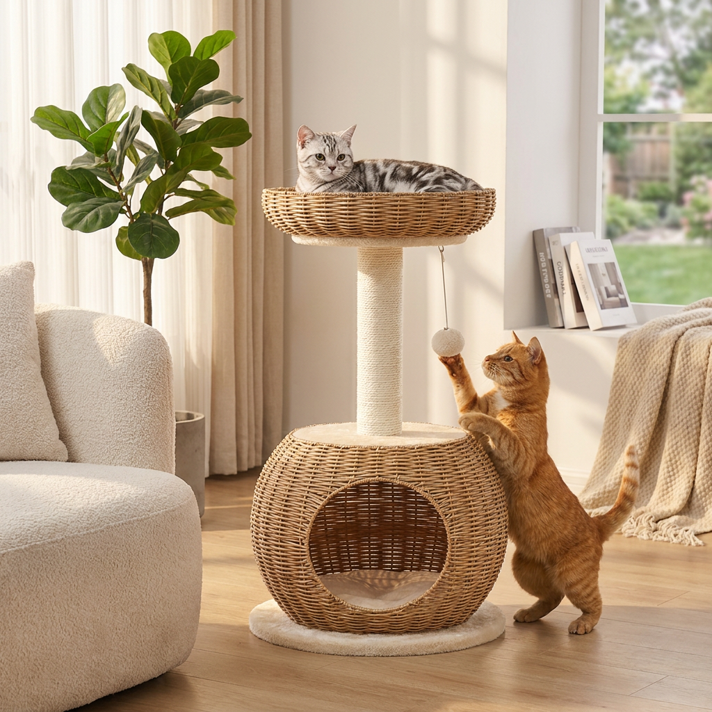 Yaheetech Drapak dla kota 75 cm z budką i legowiskiem, rattan i sizal – beżowy