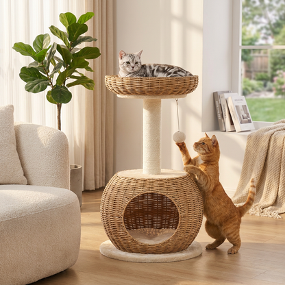 Yaheetech Drapak dla kota 75 cm z budką i legowiskiem, rattan i sizal – beżowy