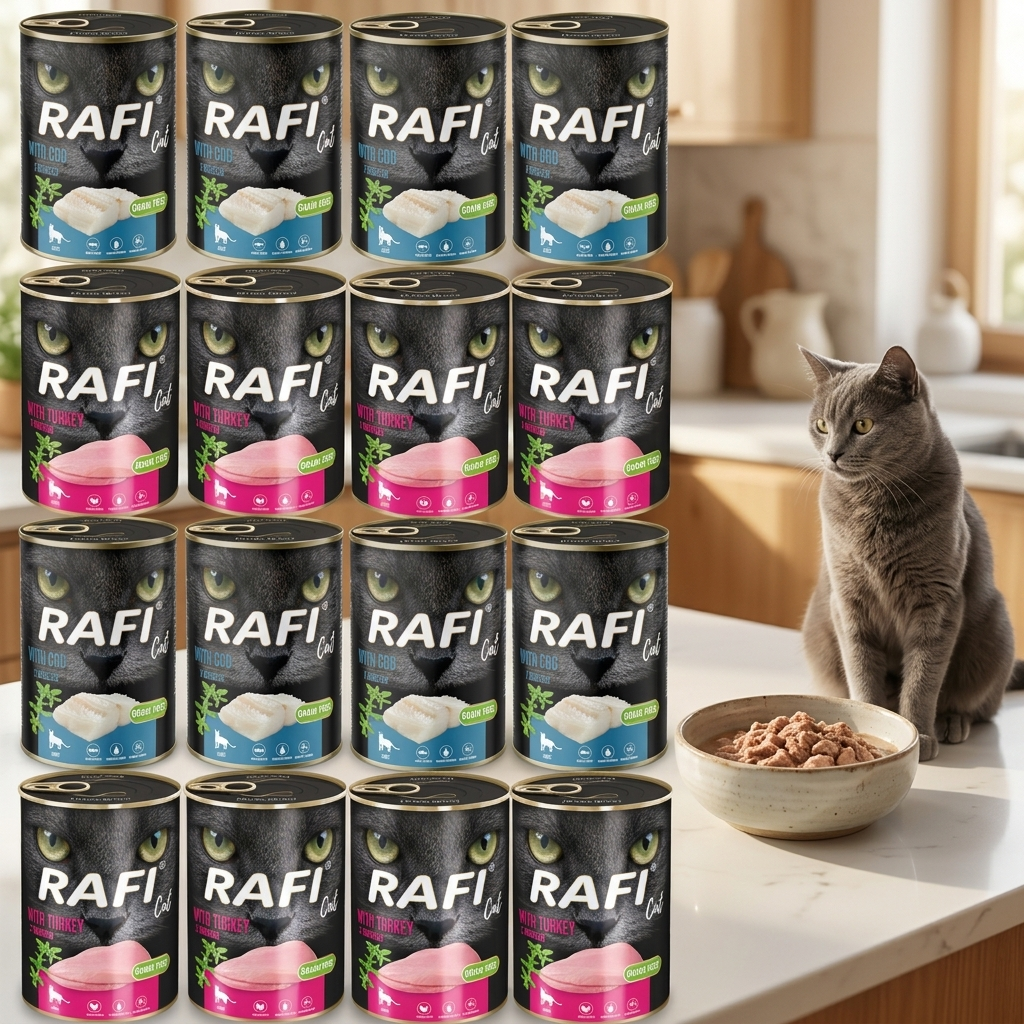 Rafi Cat mokra karma dla kota bezzbożowa 24x400 g, indyk i dorsz – mix 2 smaków