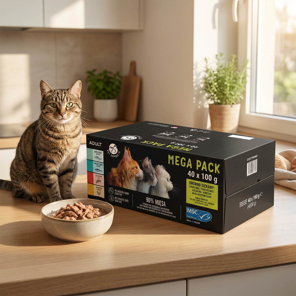 Pet Republic mokra karma dla kota bezzbożowa 40 x 100 g – saszetki, mix 4 smaków